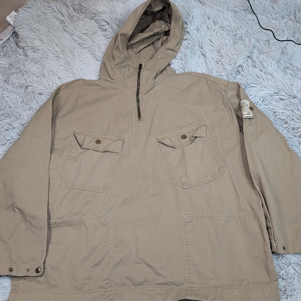 Vintage Dockers Jacket Womens XL Beige Denim Hood Pullover Outdoors Pockets